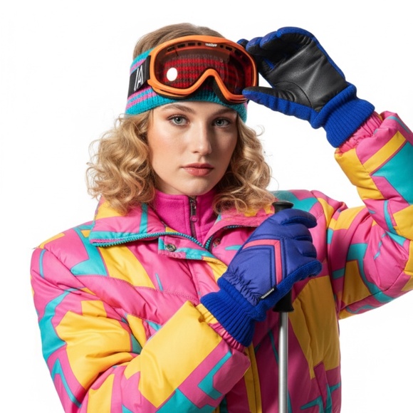 Vintage 80s 90s purple blue pink chevron knit cuff retro ski winter snow gloves - Picture 1 of 16